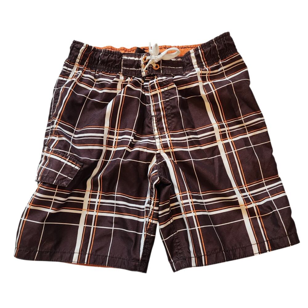 Mossimo Boys Cargo Swim Trunks Size XS 4/5 Brown Plaid Mesh Lined Drawstring